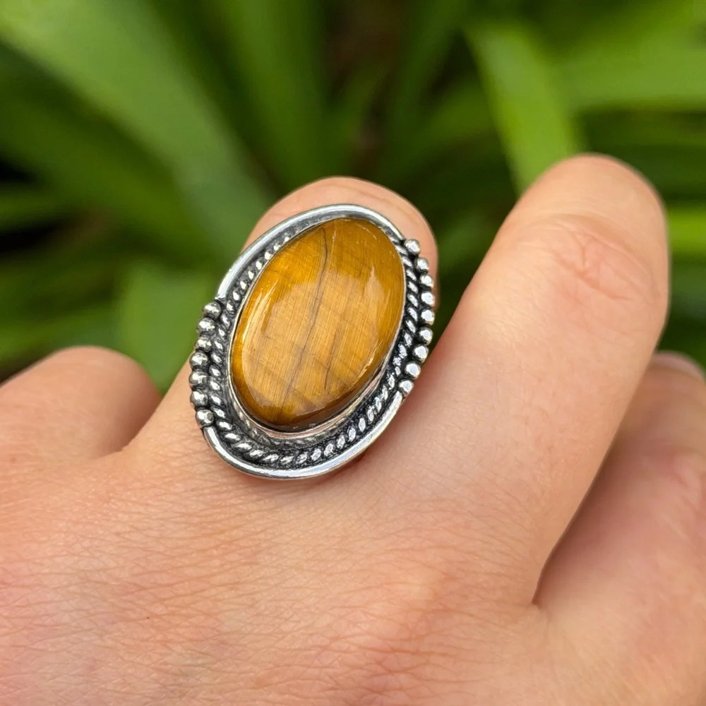 Size 6.5 925 silver plated flashy tiger eye‎ ring 0944
